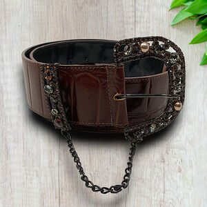 Vintage Y2K Ileana Wide Brown Leather Belt Bling Buckle Croc Embossed Italy